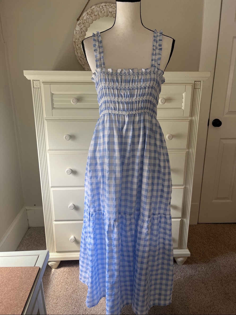 Blue & White Gingham Check Tiered Maxi Sun Dress Shirred Top Full Skirt